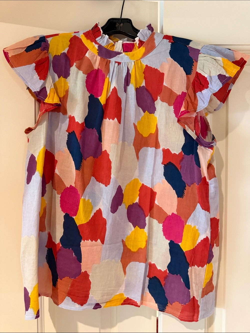 THML Womens Colorful Patch Print Flutter Sleeve Blouse